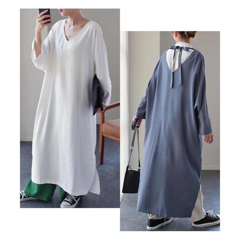 ワンピース ロングワンピース マキシワンピース レディース スリット スリットワンピース ロング レイヤード 長袖 バックリボン | HUG.U | 18