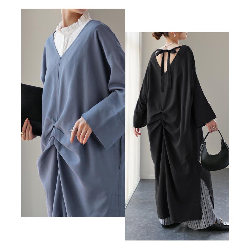 ワンピース ロングワンピース マキシワンピース レディース スリット スリットワンピース ロング レイヤード 長袖 バックリボン | HUG.U | 10