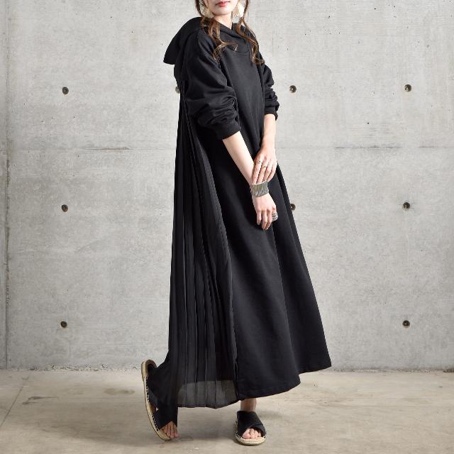 ワンピース 黒 長袖 パーカーワンピース ロング プリーツ ロングワンピース レディース | HUG.U | 20