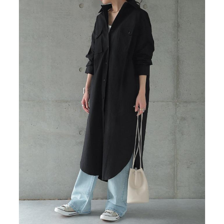 シャツ ロングシャツ シャツワンピース アウター ロングコート ステンカラー レディース ワンピース ジャケット ミリタリー 綿100％ | HUG.U | 16