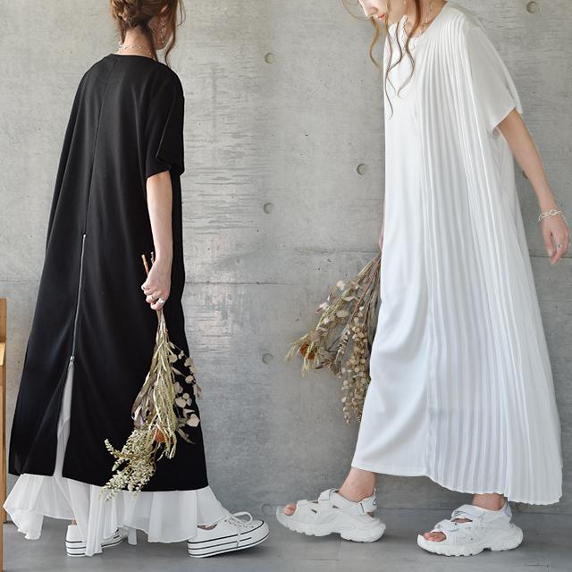 ワンピース ロングワンピース ロング マキシワンピース プリーツ レディース ロングワンピ スリットワンピース シフォン 半袖 スリット | HUG.U | 22