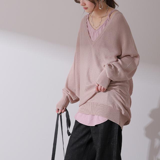 SALE ニット トップス レディース Vネックニット ニット ドルマン シアー レイヤード 長袖 | HUG.U | 26