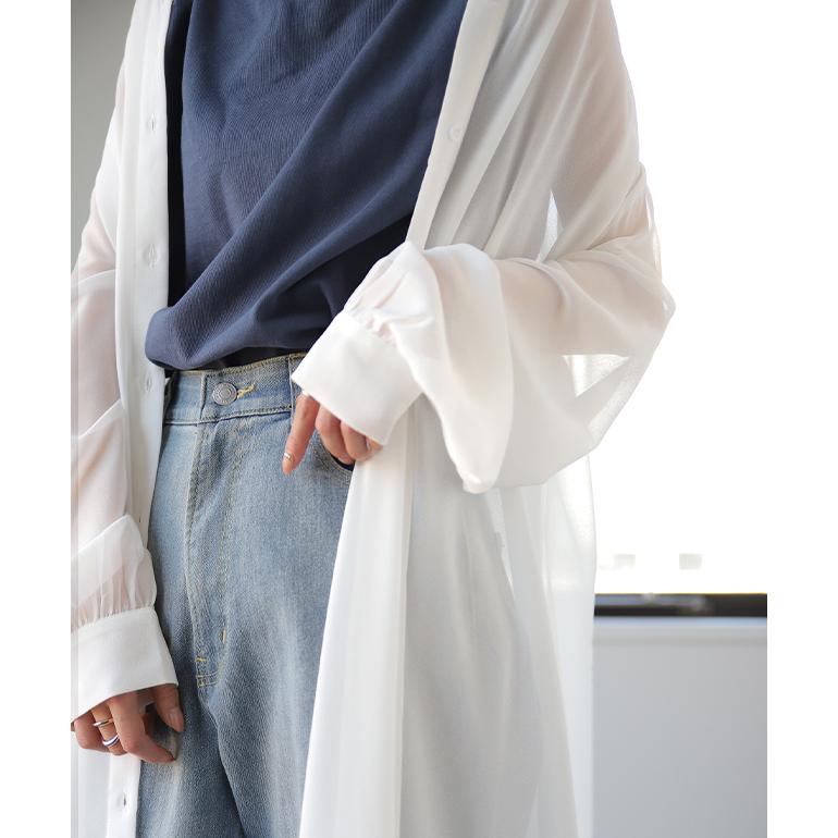 シアーシャツ 長袖 ロング シフォン ロングシャツ  ワンピース シャツ 羽織 | HUG.U | 17