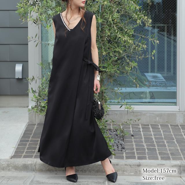 ワンピース ロング 黒 パール ロングワンピース ノースリーブ 結婚式ワンピース パーティードレス 結婚式 Vネック オケージョン | HUG.U | 04