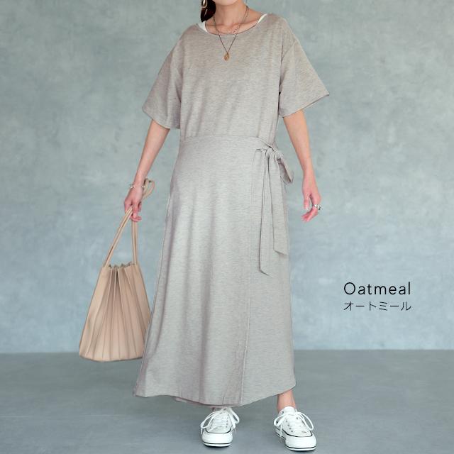 ワンピース レディース ロングワンピース ロング 半袖 丸首 ウエストリボン 体型カバー | HUG.U | 19