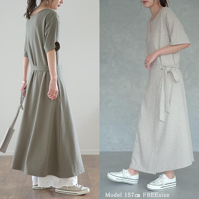 ワンピース レディース ロングワンピース ロング 半袖 丸首 ウエストリボン 体型カバー | HUG.U | 22