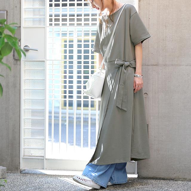 ワンピース レディース ロングワンピース ロング 半袖 丸首 ウエストリボン 体型カバー | HUG.U | 25