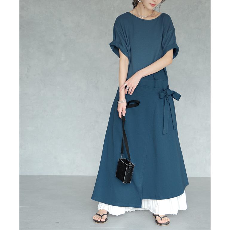 ワンピース レディース ロングワンピース ロング 半袖 丸首 ウエストリボン 体型カバー | HUG.U | 10