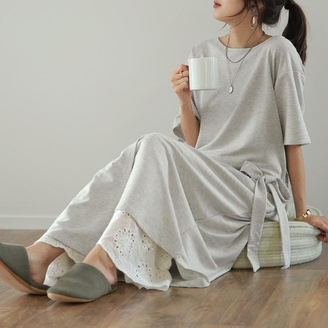 ワンピース レディース ロングワンピース ロング 半袖 丸首 ウエストリボン 体型カバー | HUG.U | 13