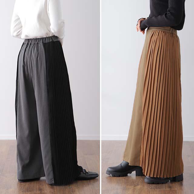 SALE パンツ ワイドパンツ レディース プリーツ ボトムス フレア フレアパンツ ワイド ロング バギー きれいめ 異素材 Aライン バイカラー ワイドパンツルック | HUG.U | 15