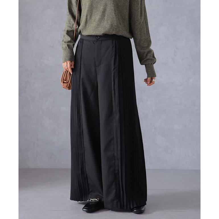 SALE パンツ ワイドパンツ レディース プリーツ ボトムス フレア フレアパンツ ワイド ロング バギー きれいめ 異素材 Aライン バイカラー ワイドパンツルック | HUG.U | 18