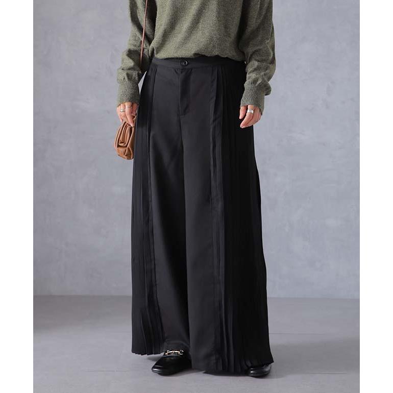 SALE パンツ ワイドパンツ レディース プリーツ ボトムス フレア フレアパンツ ワイド ロング バギー きれいめ 異素材 Aライン バイカラー ワイドパンツルック | HUG.U | 07