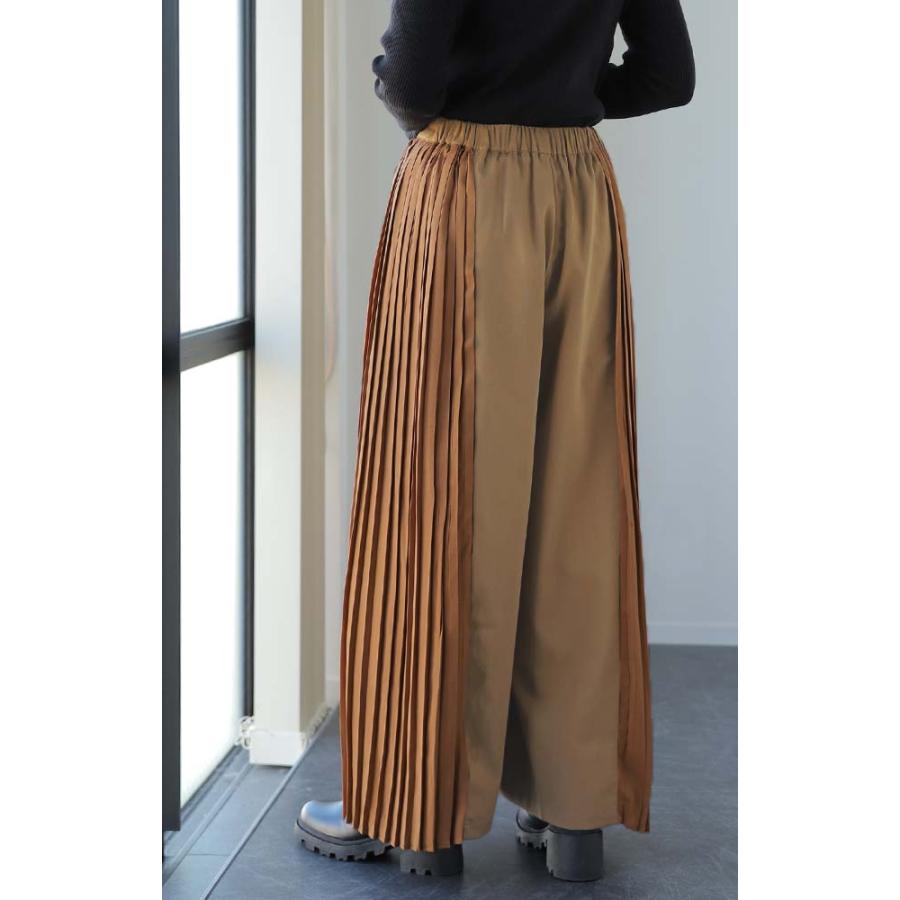 SALE パンツ ワイドパンツ レディース プリーツ ボトムス フレア フレアパンツ ワイド ロング バギー きれいめ 異素材 Aライン バイカラー ワイドパンツルック | HUG.U | 08