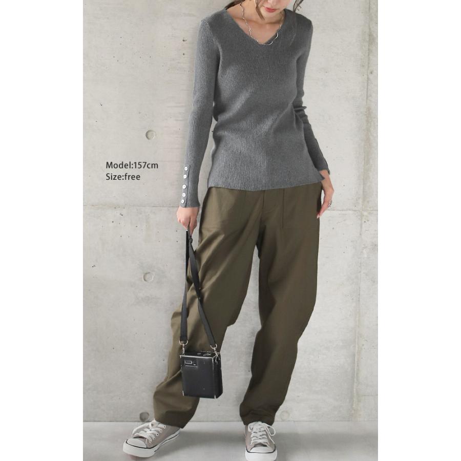 ニット トップス レディース セーター 長袖 細リブ リブ リブニット タイト Vネック きれいめ 無地 ロンT シンプル ハイゲージニット | HUG.U | 23