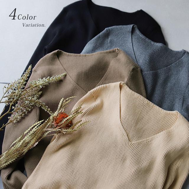 ニット トップス レディース セーター 長袖 細リブ リブ リブニット タイト Vネック きれいめ 無地 ロンT シンプル ハイゲージニット | HUG.U | 06