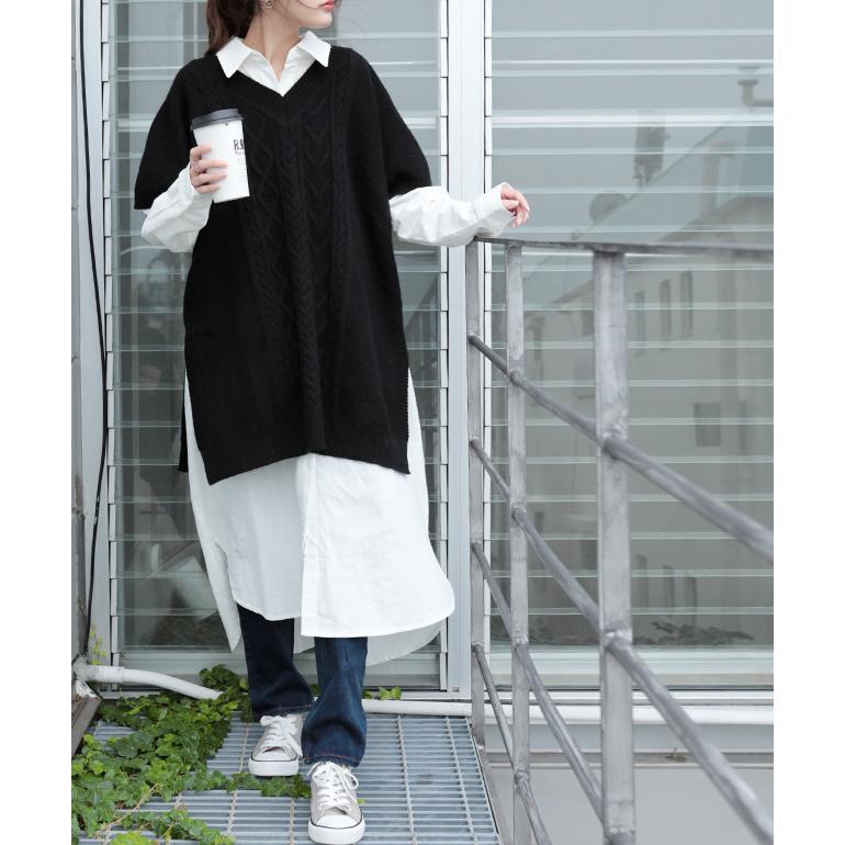 ニット ベスト レディース レイヤード ニットベスト トップス セーター 半袖 チュニック ロング スリット 重ね着 ケーブルニット | HUG.U | 13