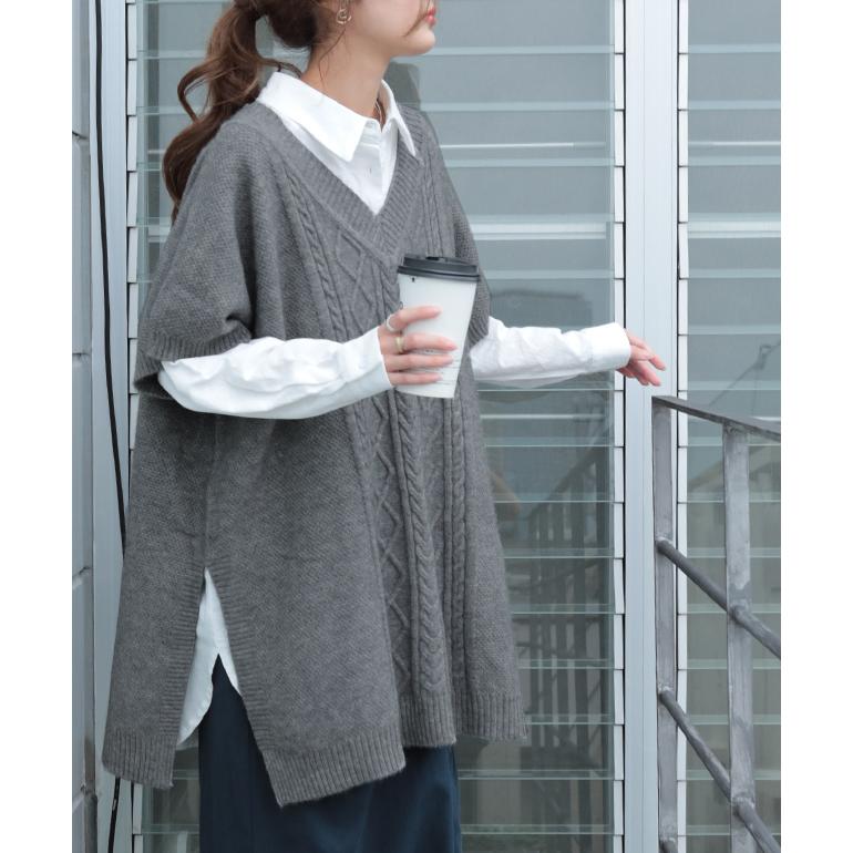 ニット ベスト レディース レイヤード ニットベスト トップス セーター 半袖 チュニック ロング スリット 重ね着 ケーブルニット | HUG.U | 08