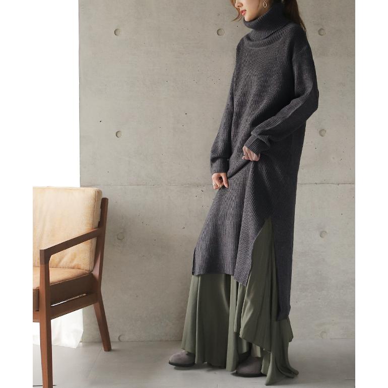 ワンピース レディース ニットワンピース ロングワンピース ニット タートルネック ハイネック オフタートル リブニット 長袖 スリット | HUG.U | 08