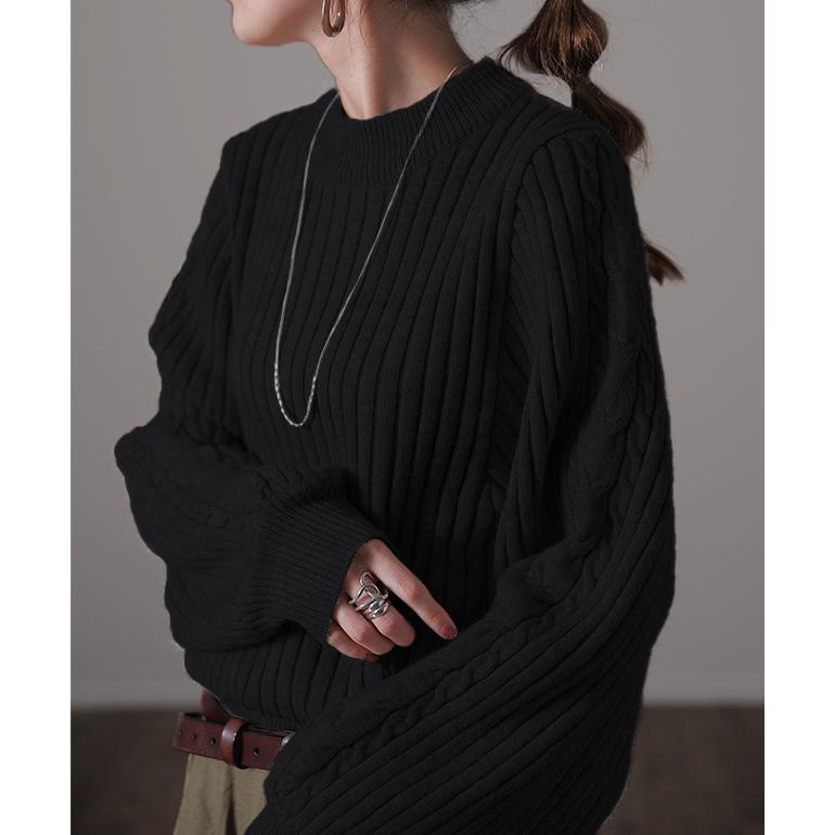 ニット レディース トップス リブニット 長袖 ケーブルニット ゆったり 無地 シンプル | HUG.U | 22