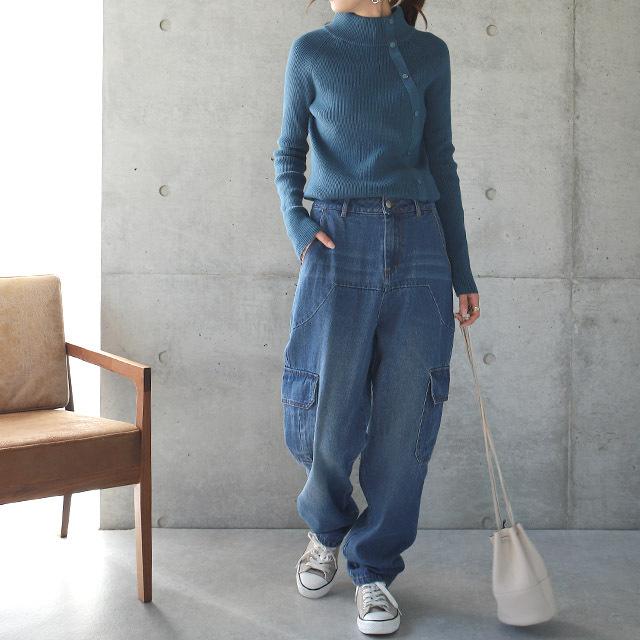 ニット タートルネック レディース トップス リブニット プルオーバー 細リブ セーター ハイネック 無地 ボトルネック 長袖 綿100％ | HUG.U | 17