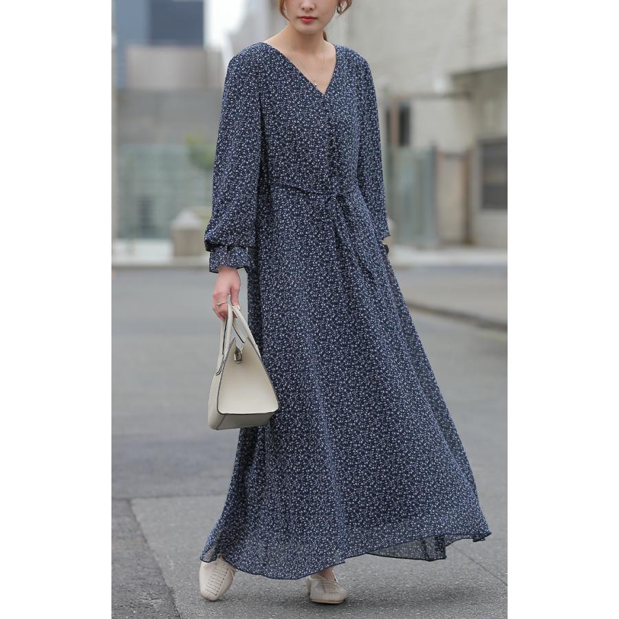 ワンピース ロング ワンピ シフォンワンピース ロングワンピース 膝下 花柄 フレア レディース シフォン シアー 透け | HUG.U | 18