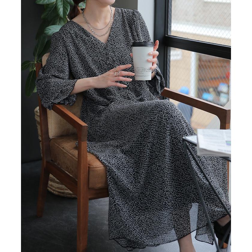 ワンピース ロング ワンピ シフォンワンピース ロングワンピース 膝下 花柄 フレア レディース シフォン シアー 透け | HUG.U | 09