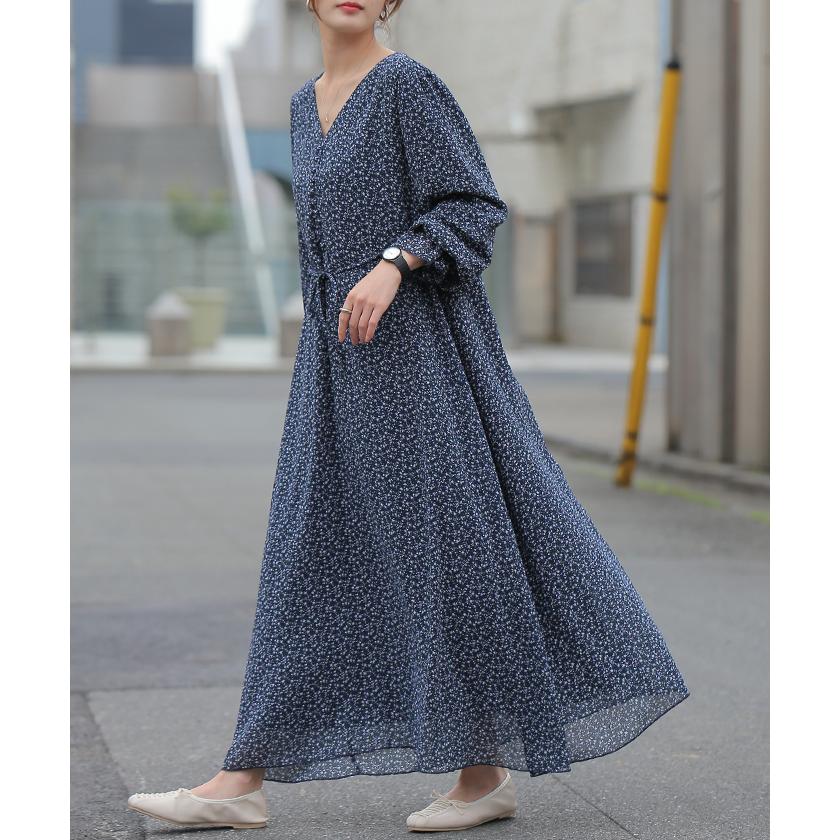 ワンピース ロング ワンピ シフォンワンピース ロングワンピース 膝下 花柄 フレア レディース シフォン シアー 透け | HUG.U | 10