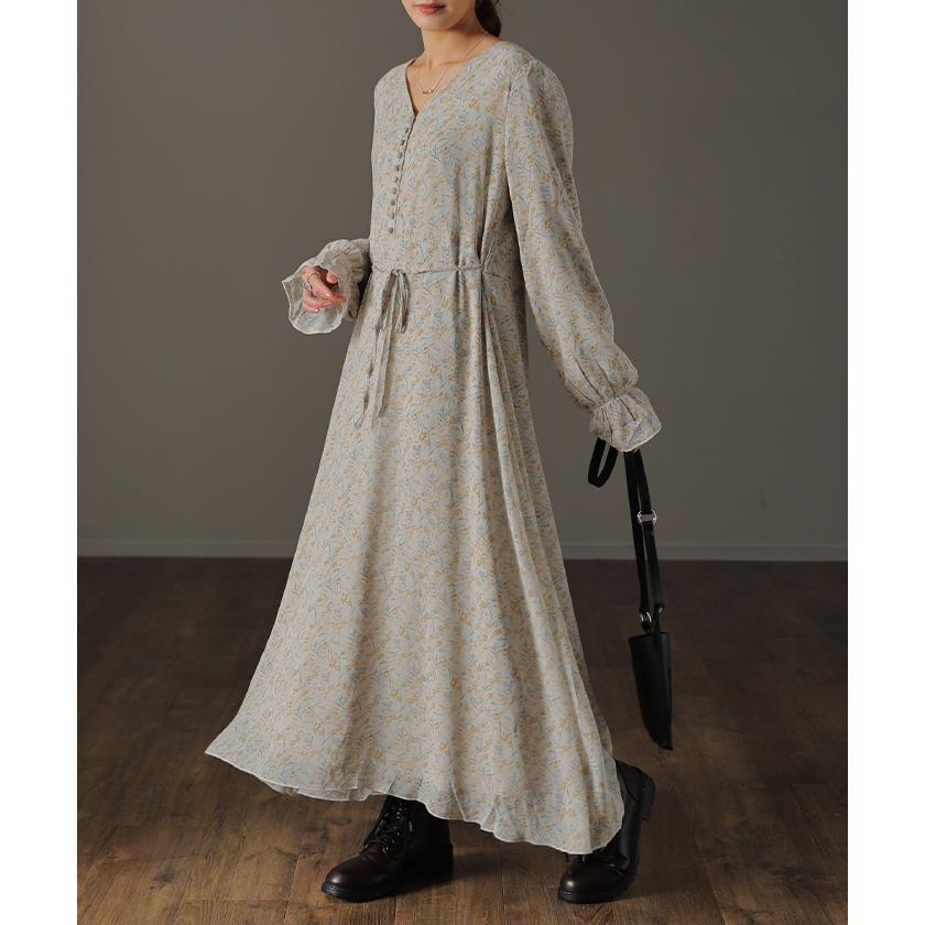 ワンピース ロング ワンピ シフォンワンピース ロングワンピース 膝下 花柄 フレア レディース シフォン シアー 透け | HUG.U | 10