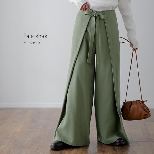 パンツ レディース ボトムス ワイドパンツ ワイド ロング フレアパンツ フレア ウエストリボン 大きいサイズ カフェパンツ エプロン ワイドパンツルック | HUG.U | 12