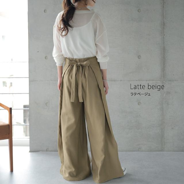 パンツ レディース ボトムス ワイドパンツ ワイド ロング フレアパンツ フレア ウエストリボン 大きいサイズ カフェパンツ エプロン ワイドパンツルック | HUG.U | 13