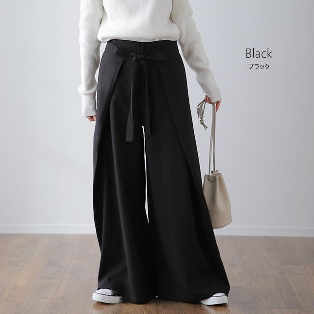 パンツ レディース ボトムス ワイドパンツ ワイド ロング フレアパンツ フレア ウエストリボン 大きいサイズ カフェパンツ エプロン ワイドパンツルック | HUG.U | 14