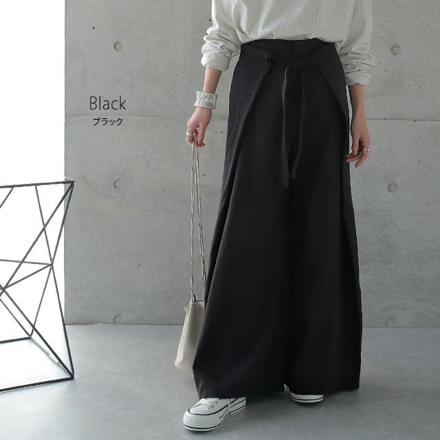 パンツ レディース ボトムス ワイドパンツ ワイド ロング フレアパンツ フレア ウエストリボン 大きいサイズ カフェパンツ エプロン ワイドパンツルック | HUG.U | 14