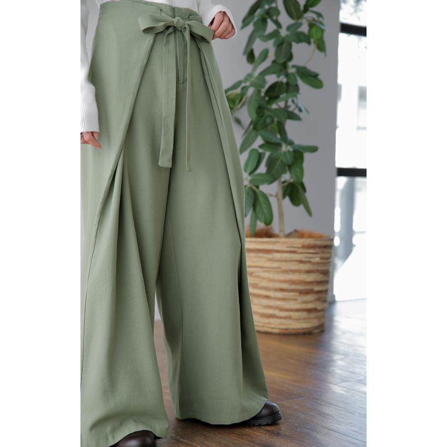 パンツ レディース ボトムス ワイドパンツ ワイド ロング フレアパンツ フレア ウエストリボン 大きいサイズ カフェパンツ エプロン ワイドパンツルック | HUG.U | 16