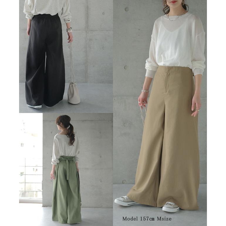 パンツ レディース ボトムス ワイドパンツ ワイド ロング フレアパンツ フレア ウエストリボン 大きいサイズ カフェパンツ エプロン ワイドパンツルック | HUG.U | 19