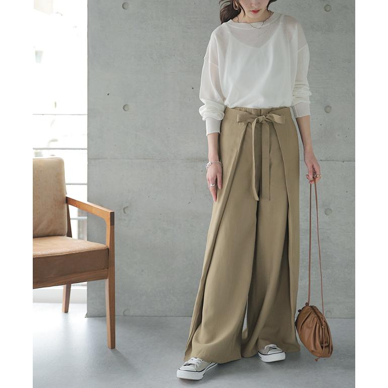 パンツ レディース ボトムス ワイドパンツ ワイド ロング フレアパンツ フレア ウエストリボン 大きいサイズ カフェパンツ エプロン ワイドパンツルック | HUG.U | 21