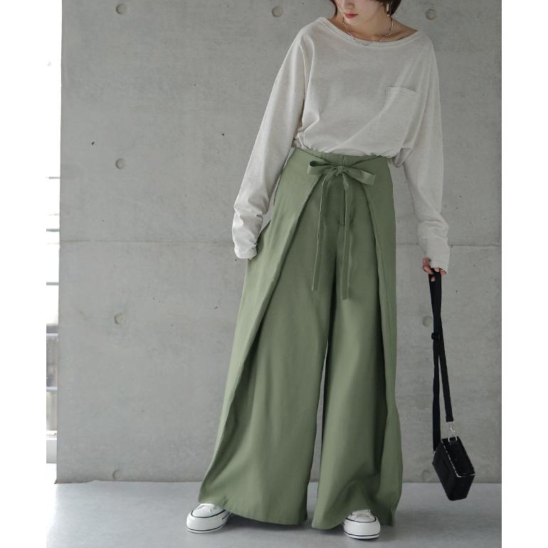 パンツ レディース ボトムス ワイドパンツ ワイド ロング フレアパンツ フレア ウエストリボン 大きいサイズ カフェパンツ エプロン ワイドパンツルック | HUG.U | 07