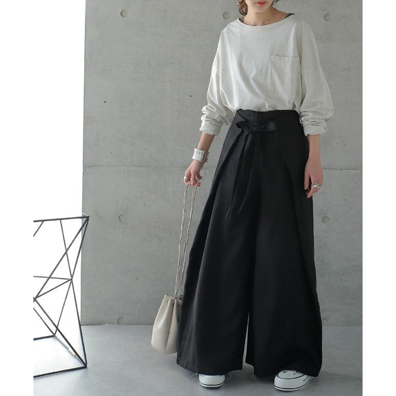 パンツ レディース ボトムス ワイドパンツ ワイド ロング フレアパンツ フレア ウエストリボン 大きいサイズ カフェパンツ エプロン ワイドパンツルック | HUG.U | 10