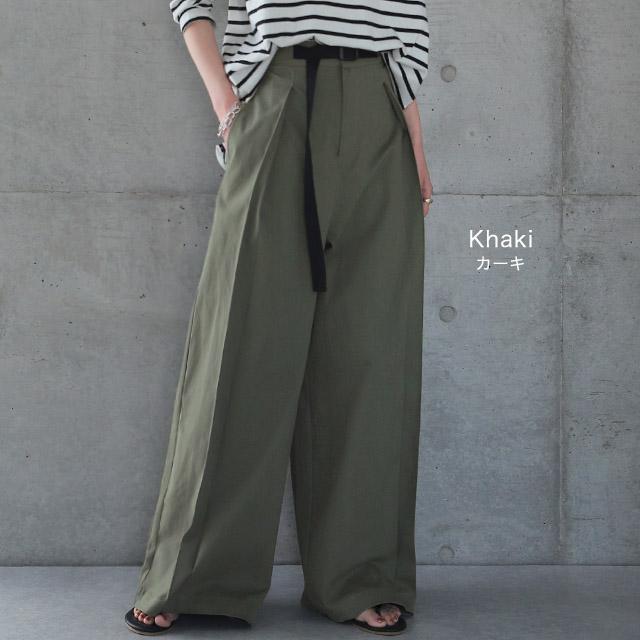 ワイドパンツ レディース パンツ ロング チノ ベルト ワイドパンツルック 黒 | HUG.U | 13
