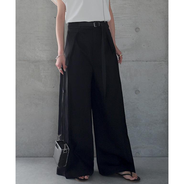 ワイドパンツ レディース パンツ ロング チノ ベルト ワイドパンツルック 黒 | HUG.U | 08