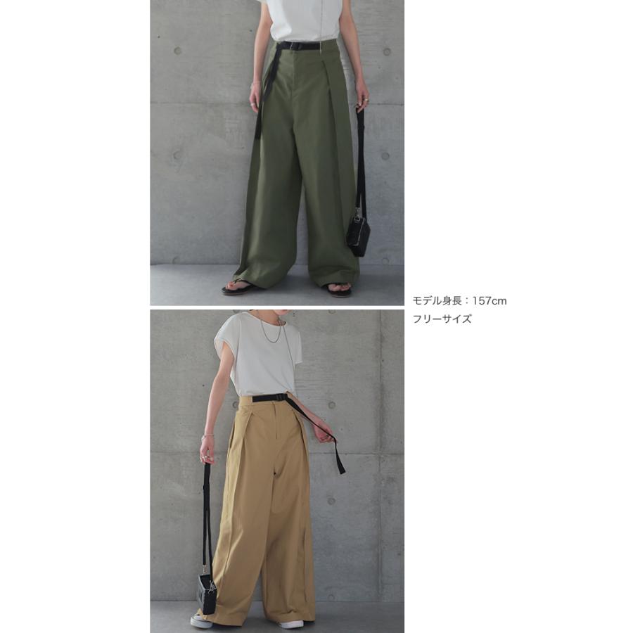 ワイドパンツ レディース パンツ ロング チノ ベルト ワイドパンツルック 黒 | HUG.U | 10