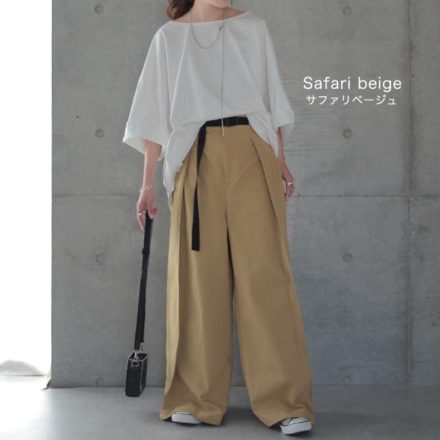 ワイドパンツ レディース パンツ ロング チノ ベルト ワイドパンツルック 黒 | HUG.U | 12