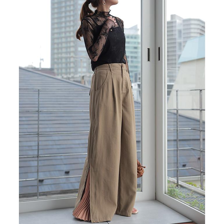 パンツ レディース プリーツパンツ プリーツ ワイド ワイドパンツ スリット ワイドパンツルック | HUG.U | 17