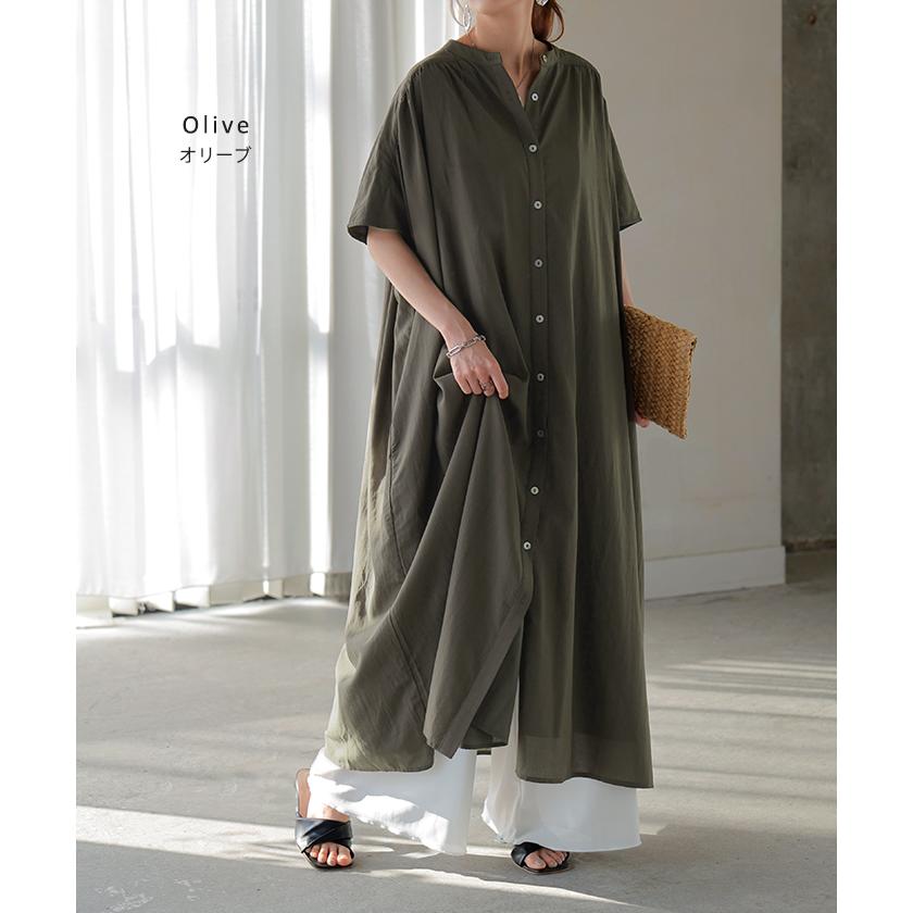 ワンピース シャツ シャツワンピース ノーカラ― シャツワンピ レディース ロング ロングワンピース Aライン ワンピ ロングシャツ ロングワンピ 半袖 長袖 | HUG.U | 14