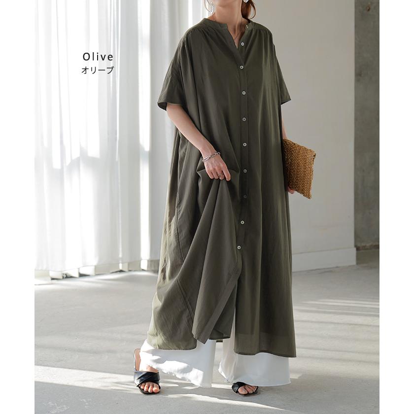 ワンピース シャツ シャツワンピース ノーカラ― シャツワンピ レディース ロング ロングワンピース Aライン ワンピ ロングシャツ ロングワンピ 半袖 長袖 | HUG.U | 14