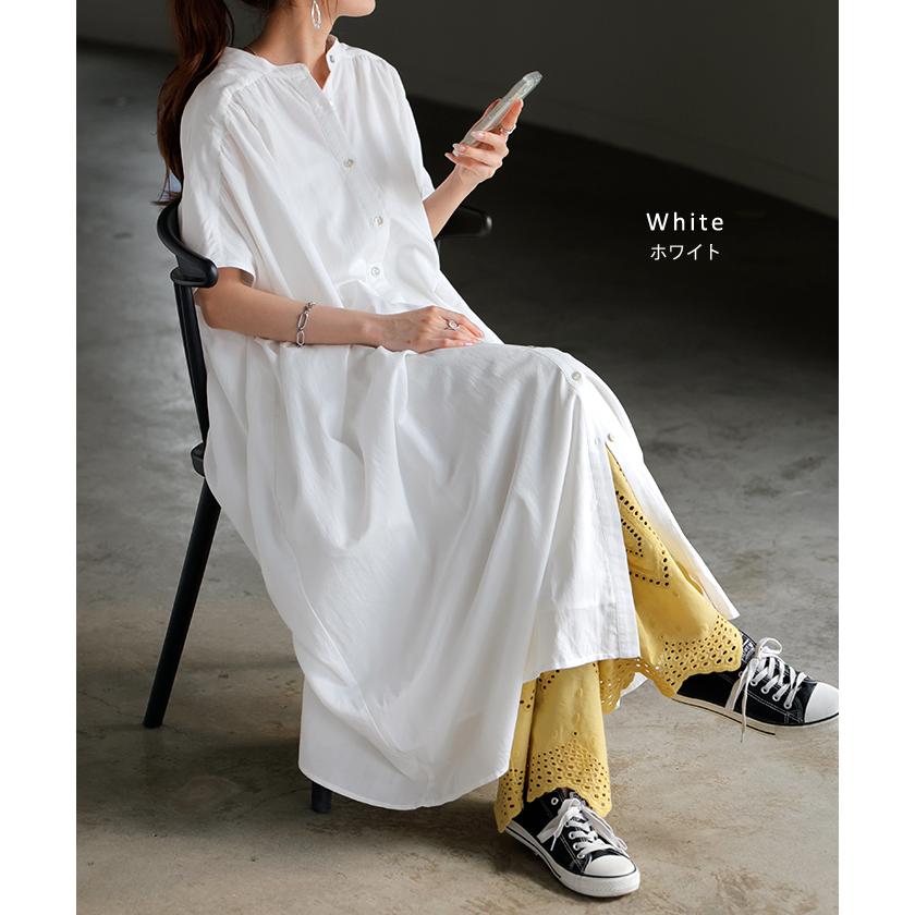 ワンピース シャツ シャツワンピース ノーカラ― シャツワンピ レディース ロング ロングワンピース Aライン ワンピ ロングシャツ ロングワンピ 半袖 長袖 | HUG.U | 18