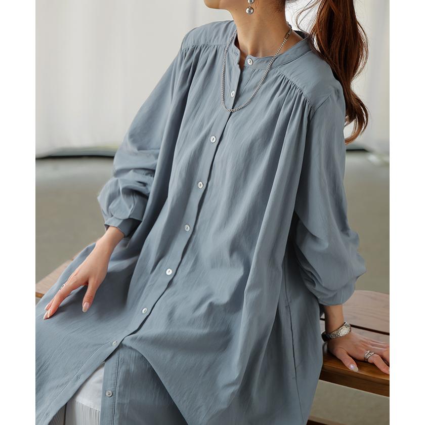 ワンピース シャツ シャツワンピース ノーカラ― シャツワンピ レディース ロング ロングワンピース Aライン ワンピ ロングシャツ ロングワンピ 半袖 長袖 | HUG.U | 21