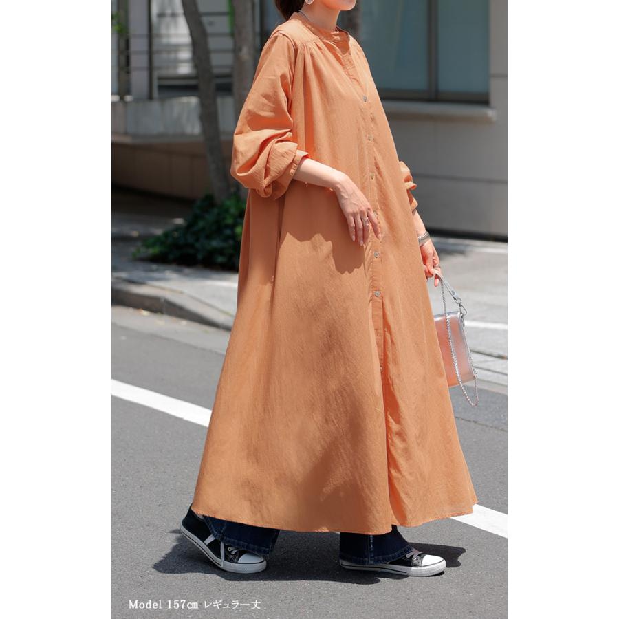 ワンピース シャツ シャツワンピース ノーカラ― シャツワンピ レディース ロング ロングワンピース Aライン ワンピ ロングシャツ ロングワンピ 半袖 長袖 | HUG.U | 23