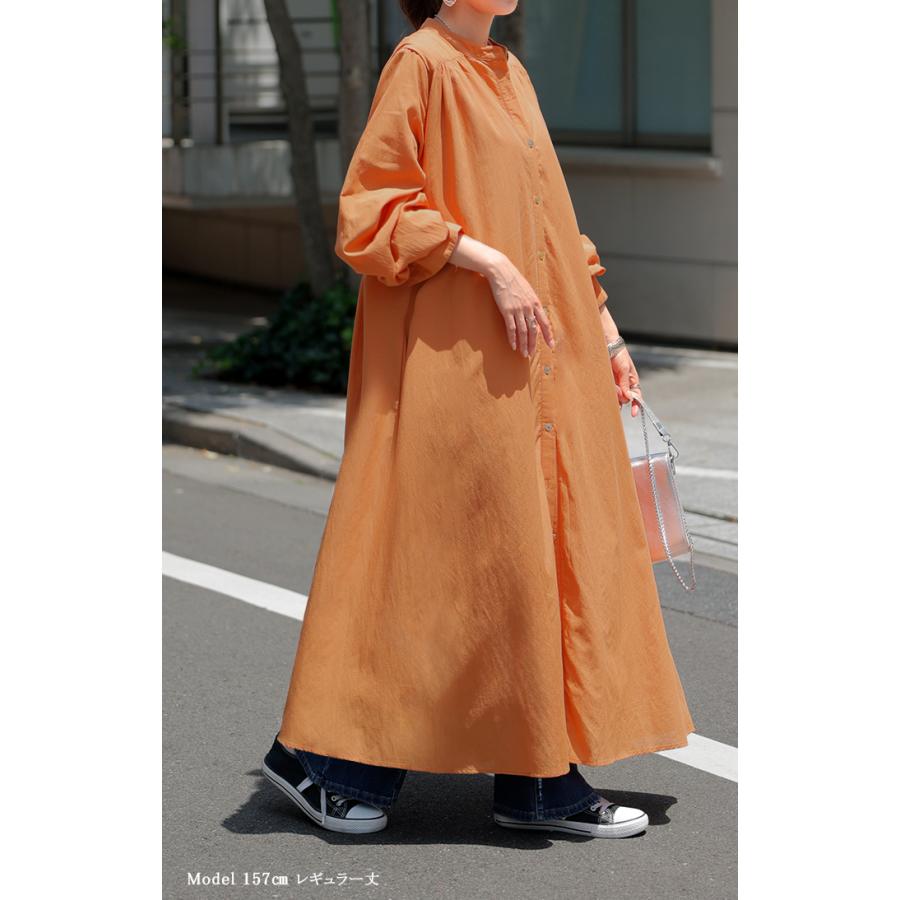 ワンピース シャツ シャツワンピース ノーカラ― シャツワンピ レディース ロング ロングワンピース Aライン ワンピ ロングシャツ ロングワンピ 半袖 長袖 | HUG.U | 23