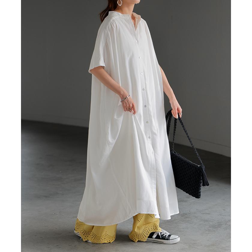 ワンピース シャツ シャツワンピース ノーカラ― シャツワンピ レディース ロング ロングワンピース Aライン ワンピ ロングシャツ ロングワンピ 半袖 長袖 | HUG.U | 09