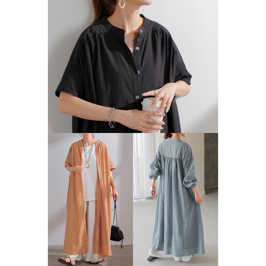ワンピース シャツ シャツワンピース ノーカラ― シャツワンピ レディース ロング ロングワンピース Aライン ワンピ ロングシャツ ロングワンピ 半袖 長袖 | HUG.U | 11